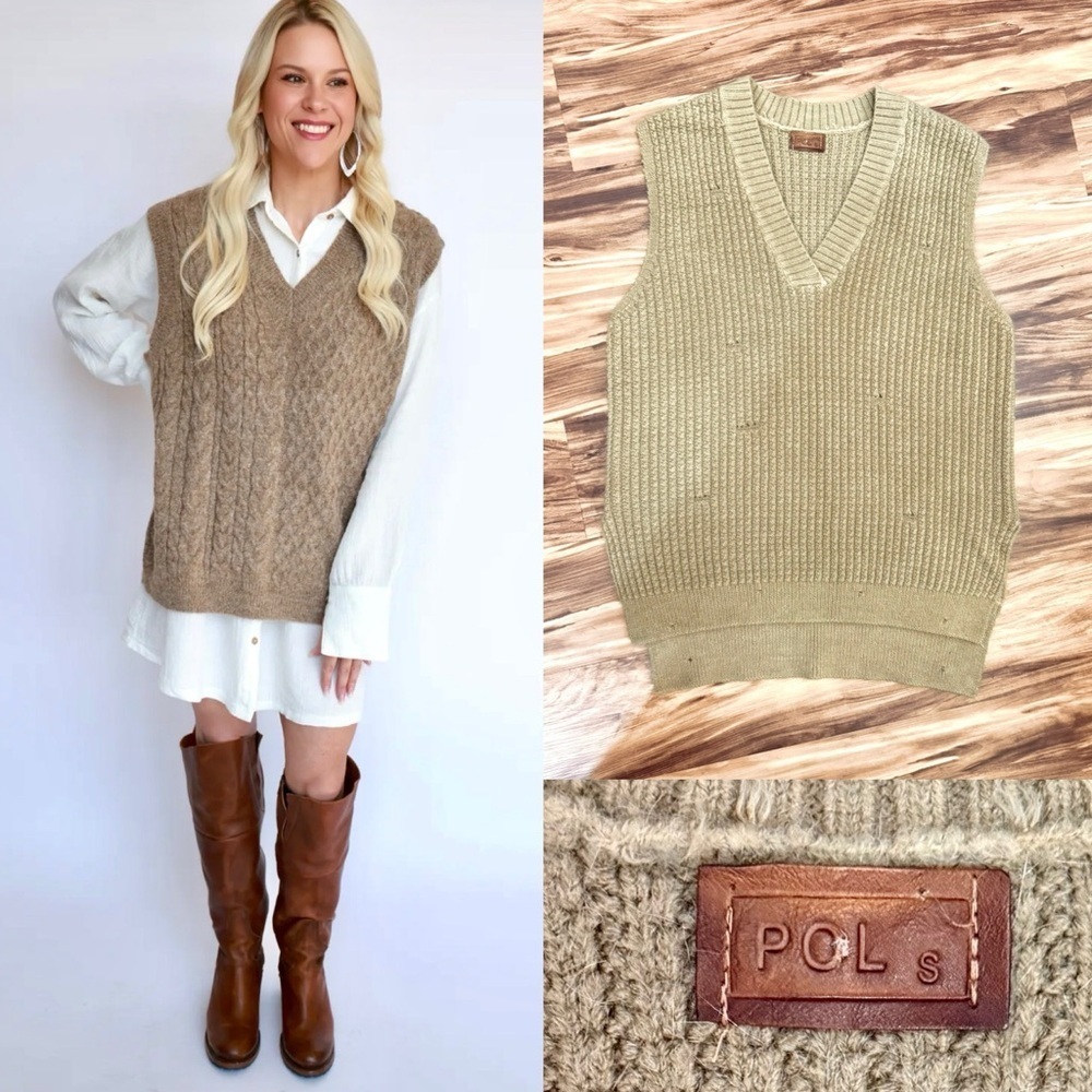 POL Women's Beige V-Neck Sweater Vest